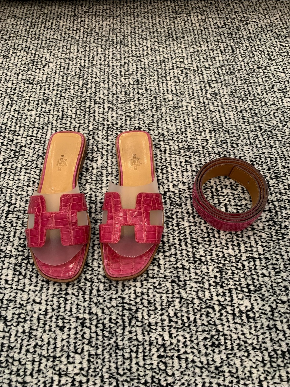 Hermes Pink Croc-Embossed Oran Slide Mules